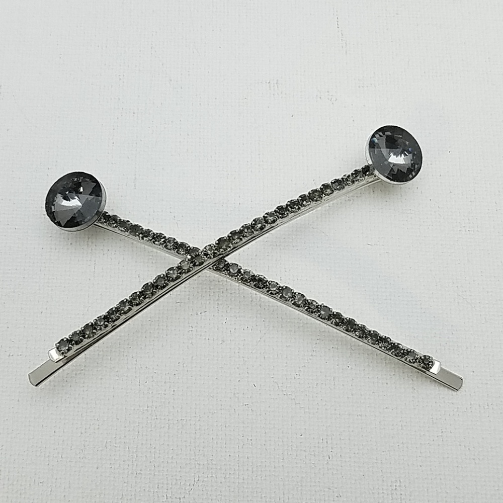 Smoky Stone & Rhinestone 4" Bobbin Pin Set of  2